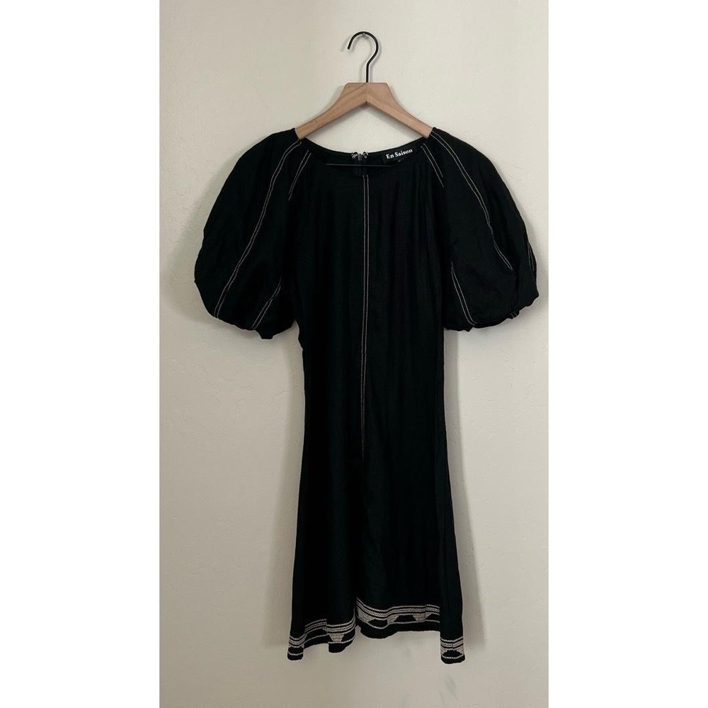 En Saison Anthropologie Mini Dress XS Black Puff Sleeve Embroidered